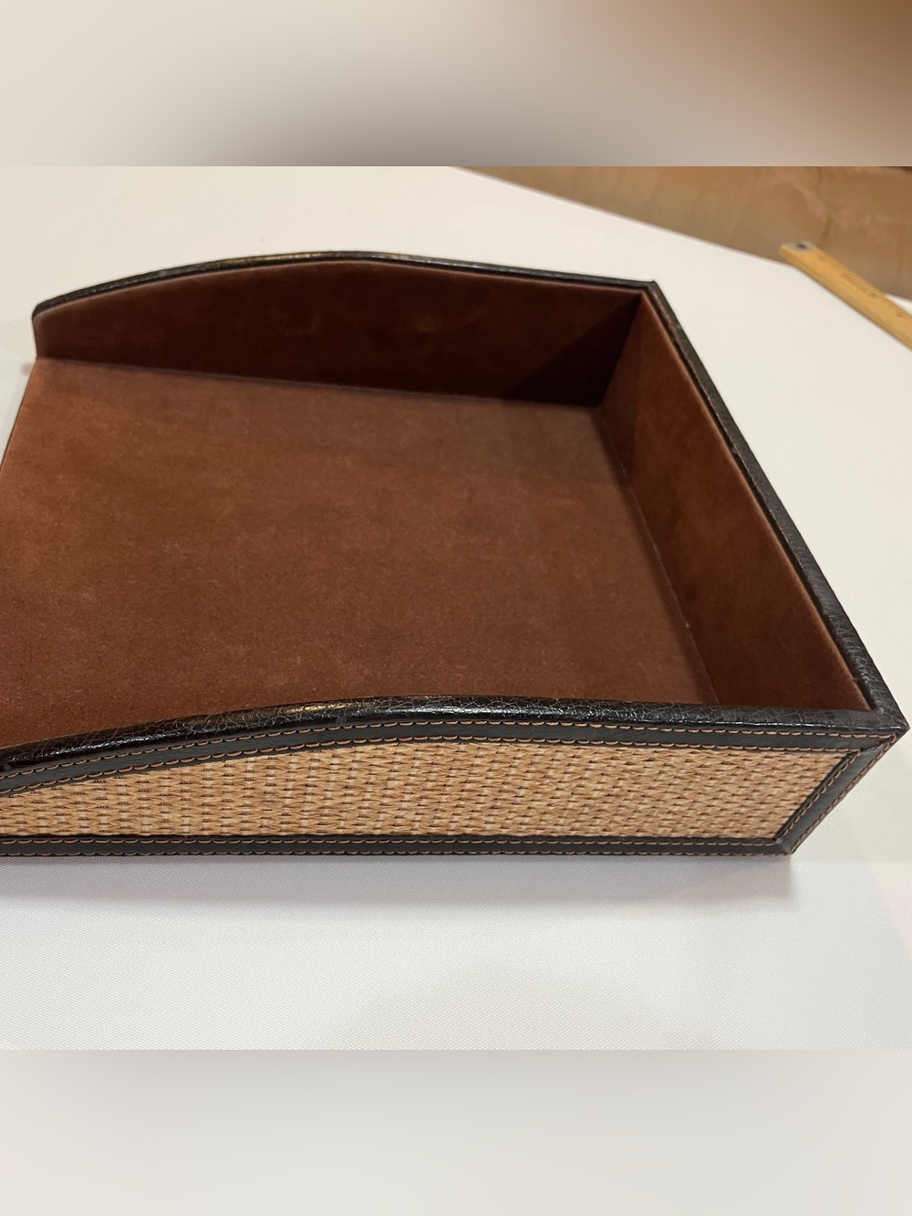 Brown Suede & Woven Rattan Desk Tray